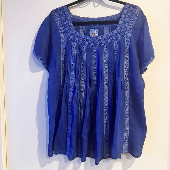 Johnny Was Brigita Blouse Blue Square Neck Eyelet Embroidered Short Sleeve Sz L - Picture 6 of 11